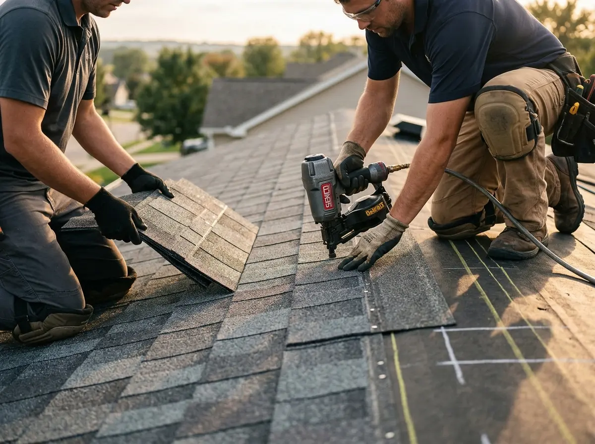 Professional roofer working on a residential roof in Lower